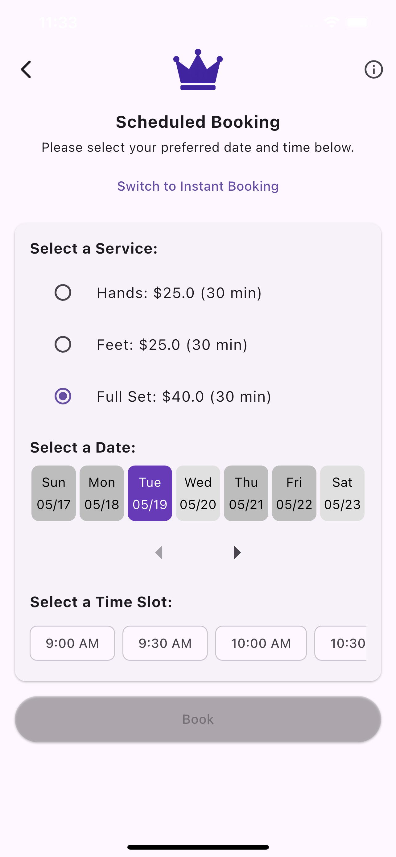 Clients book a service, date, and time on Crown Booking