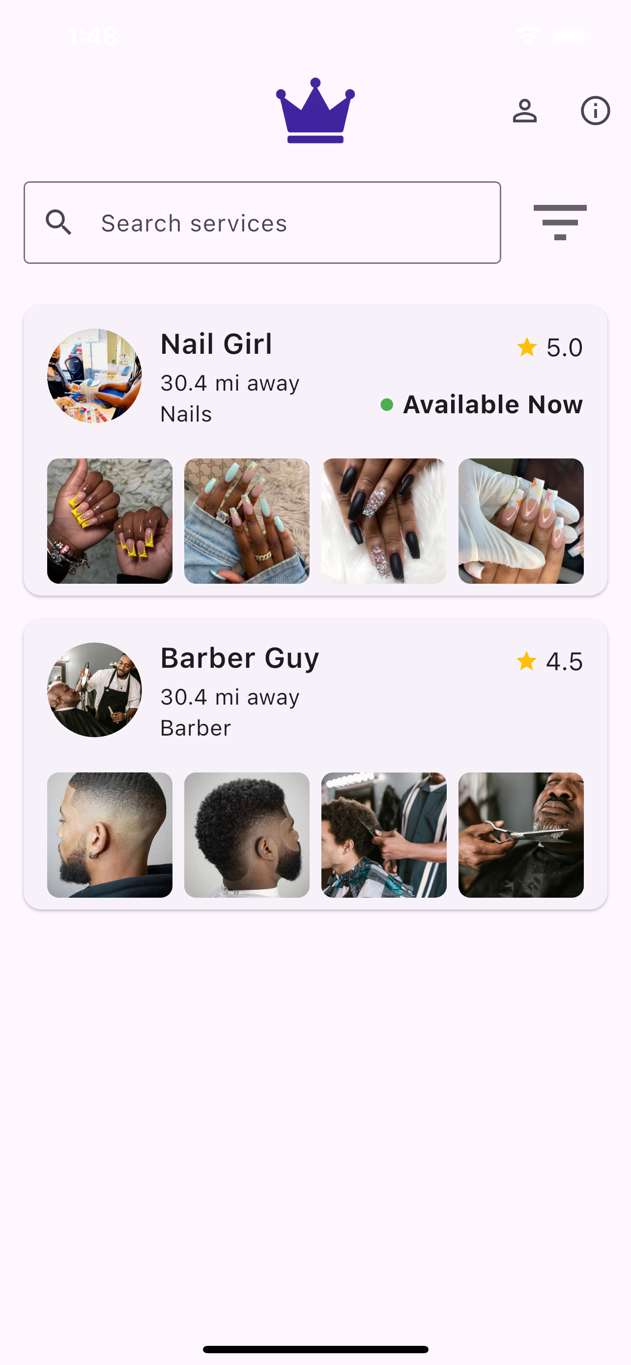 Crown Booking app — browse beauty pros near you